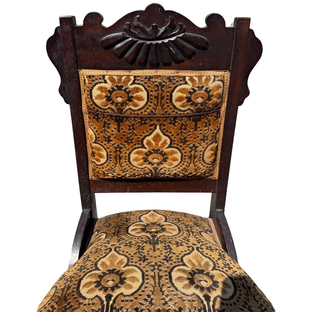 Antique Victorian EASTLAKE Walnut Chair Carved Accent Upholstered Velvet Spring - Picture 2 of 10
